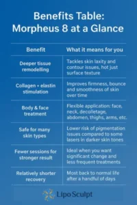 How Often Can I have Morpheus 8? 3 Table showing the benefits of Morpheus 8 treatment from Lipo Sculpt Wibsey